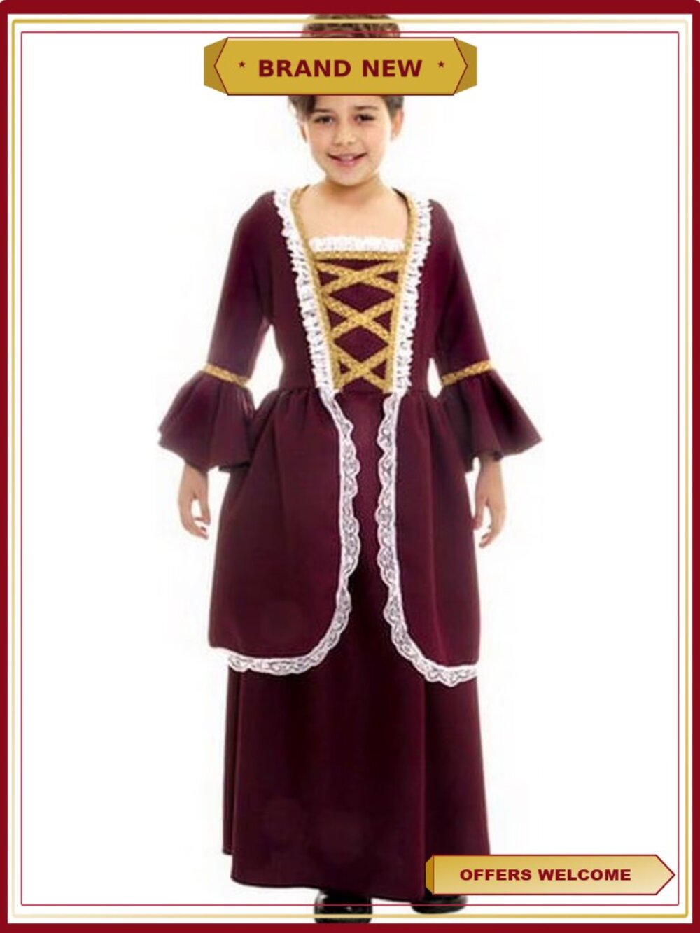 Colonial Girl Costume Long Dress Lace Trim Halloween Thanksgiving